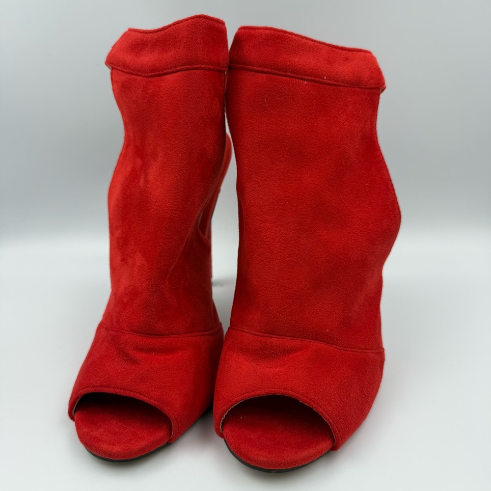 Meiliani Red Faux Suede Peep Toe Stiletto Booties Women’s Size 8